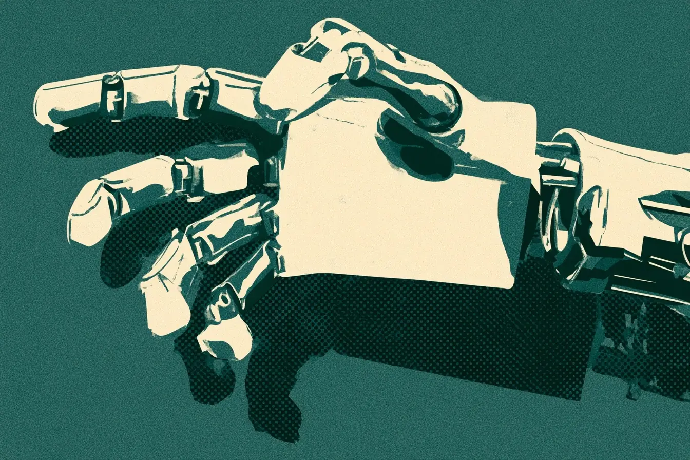 Grande main robotique recadree sur fond sombre