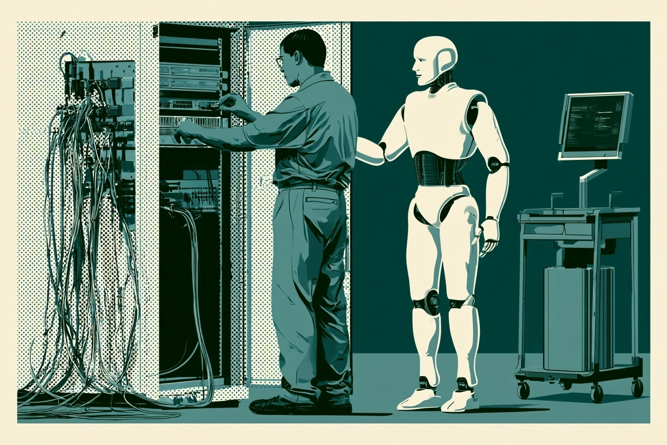 Technicien reliant un humanoide au serveur